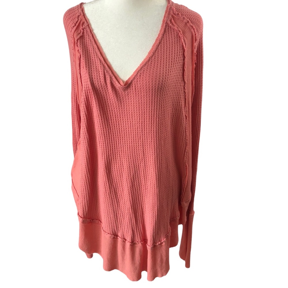 We the Free Waffle Knit Tunic Dress Top Women L Coral Vneck Exposed Seams